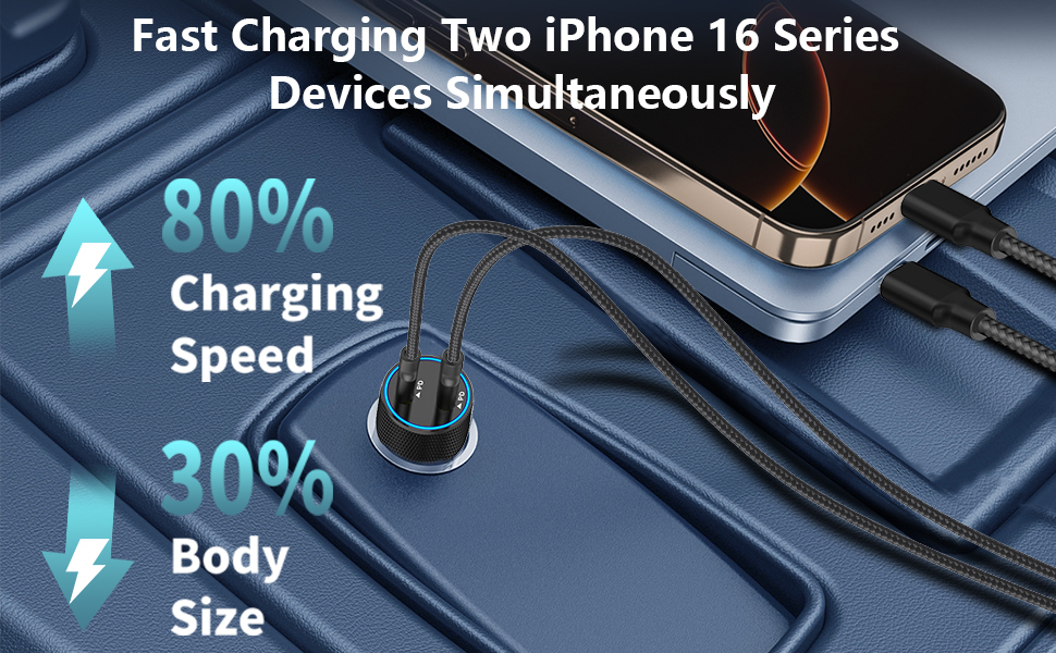 MFi Certified 60W Dual PD USB-C Car Poewr Cigarette Lighter Type-C Car Carplay Fast Charger Adapter