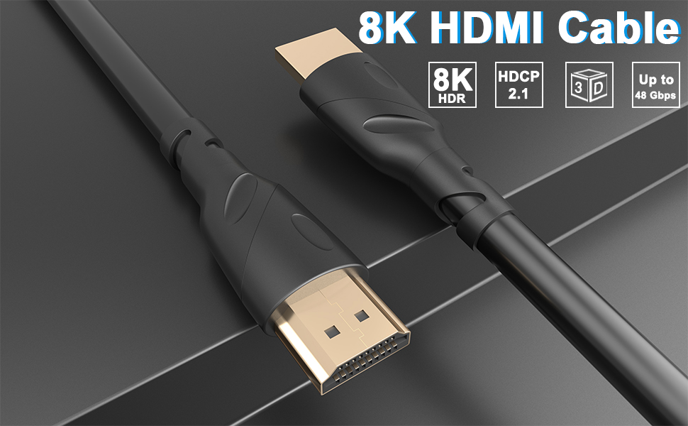 Text reads '8K HDMI Cable'. Product shots showing gold-plated HDMI cable connector with technical specification icons including '8K', 'HDR', '2.1'.
