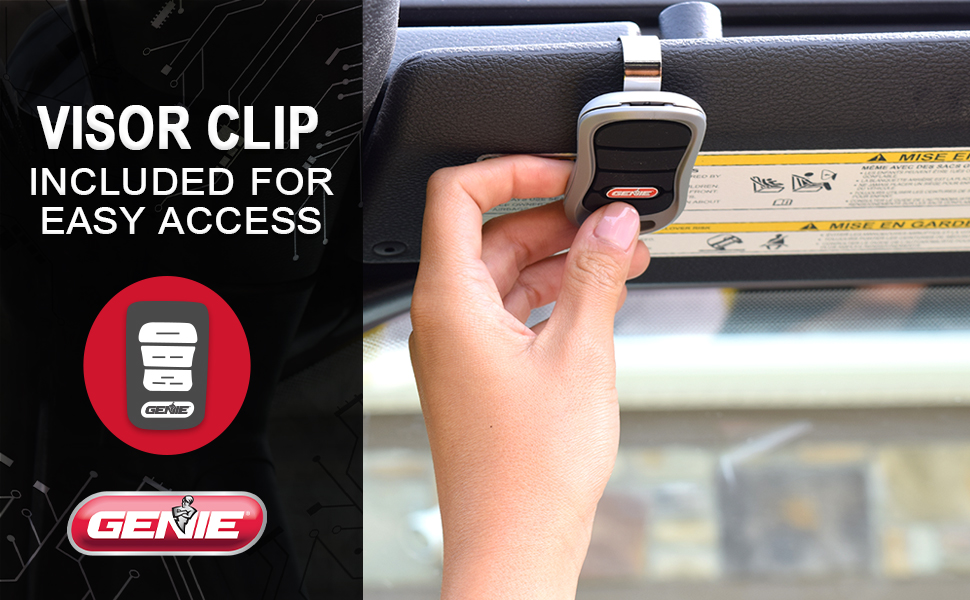 Genie g3t 3button intellicode garage door opener remote includes a visor clip for easy access