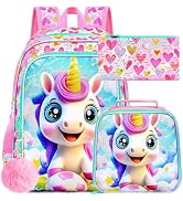ZLYERT 16" Unicorn Backpack for Girls, 3Pcs Kids School Backpacks with Lunch Box, Soccer Bookbag ...