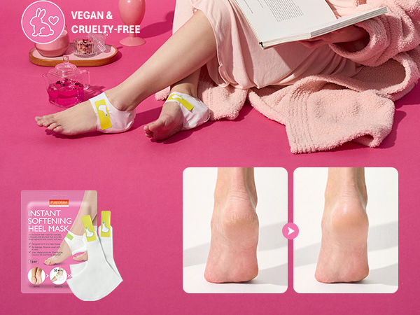 Woman relaxing on pink background; instant heel softening mask, no peeling, hydration icons.