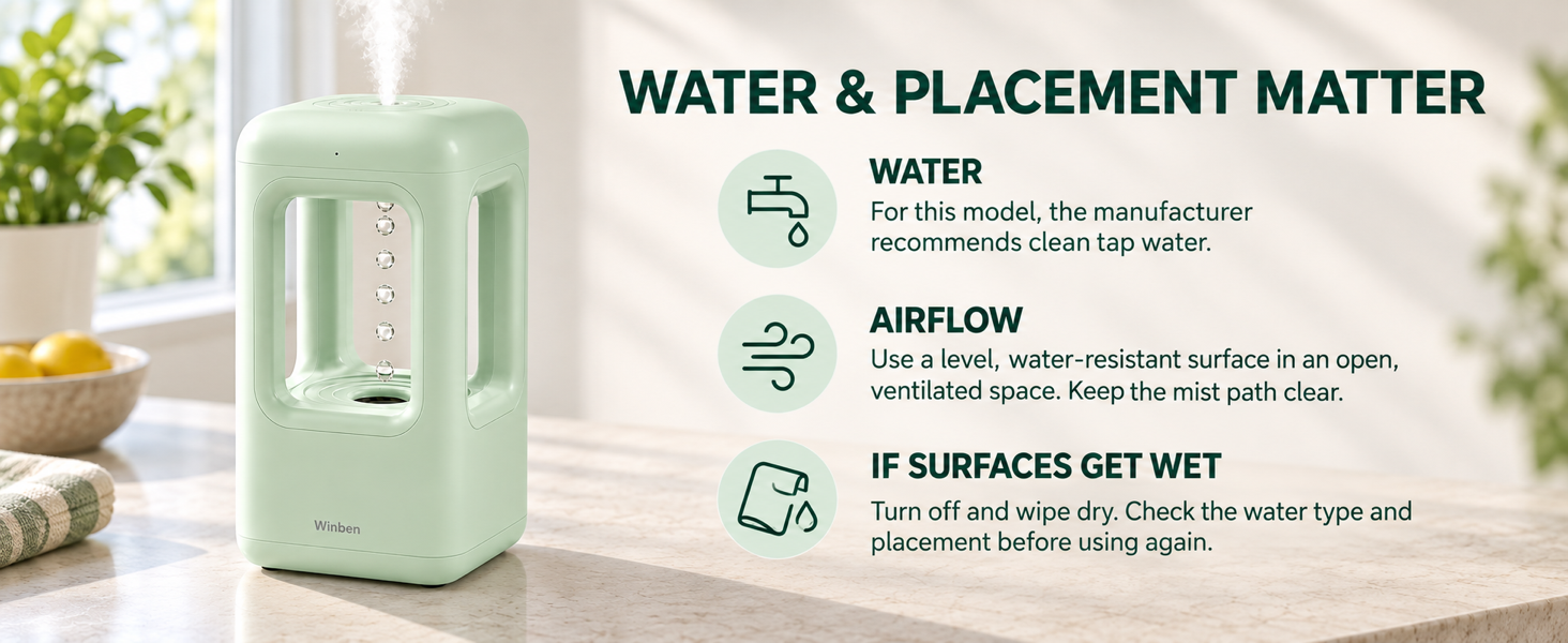 Green WINBEN humidifier: clean tap water, open airflow and wet-surface care