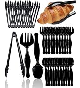 Disposable Black Plastic Spoons, Forks, Tongs | 12-Set (36 Pcs) Serving Utensils Set for Catering...