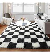 KICMOR 5x8 Area Rug for Living Room, Black and White Fluffy Shag Fuzzy Plush Soft Checkered Rugs ...