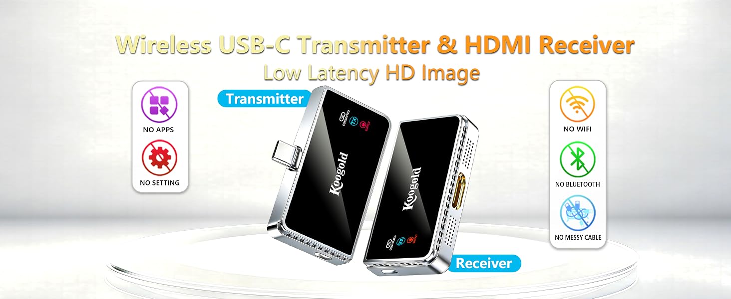 Koogold USB C Wireless HDMI Transmitter Receiver 1080P 60Hz for Phone Tablet to TV Home Theater