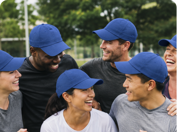 group of people all wearing matching plain navy dad hats outdoors in a park or sports field.