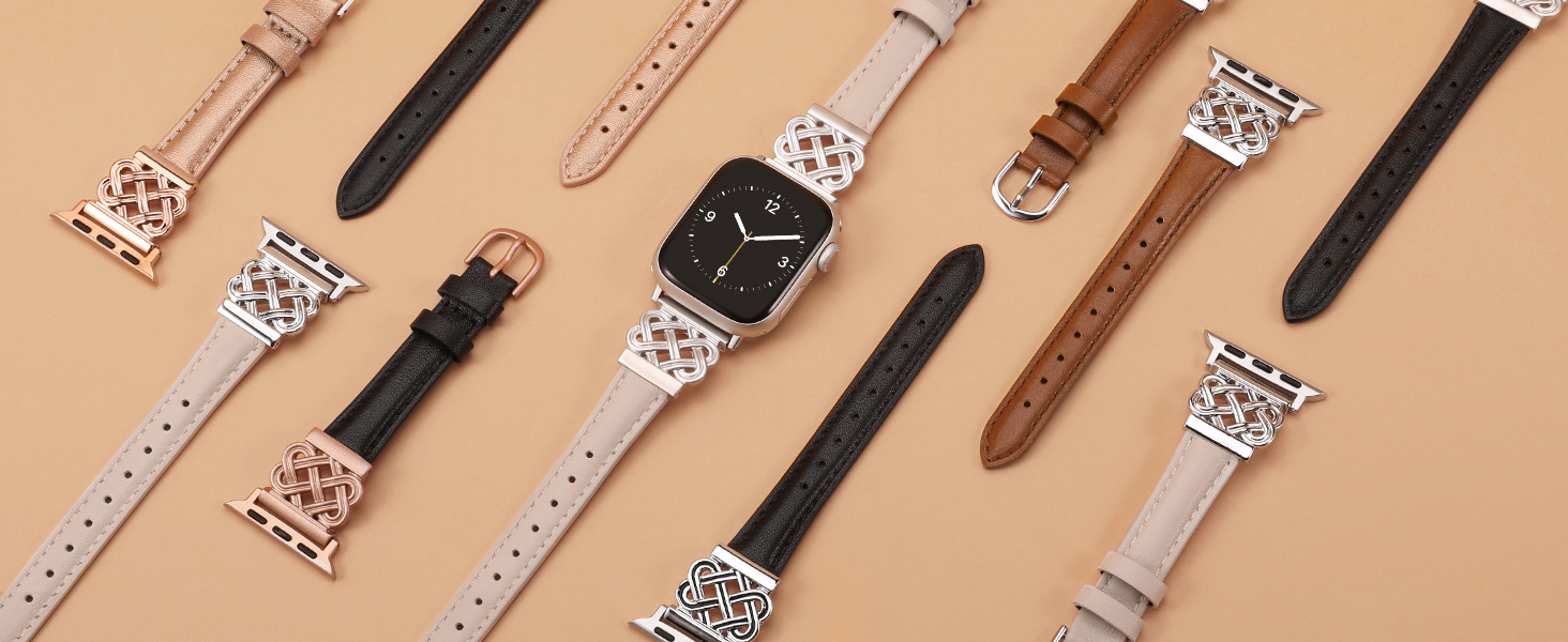 Assortment of smartwatch bands in various colors and patterns including brown, black, white, and rose gold. One watch face visible with black dial.
