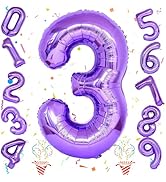 3rd Birthday Number Balloons for Kids, Self Inflating 40 Inch Purple Foil Balllons, Large Number ...