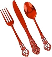 Joyido 150PCS Red Plastic Silverware - Elegant Disposable Utensils - Heavy Duty Vintage Red Cutle...