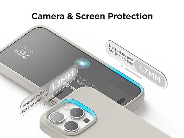 Smartphone camera protection system showing raised glass elements over camera lenses and screen, with measurement indicators.