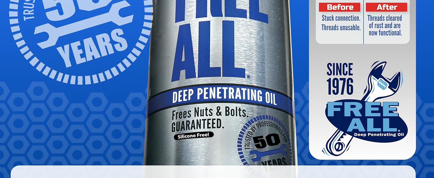 Trusted 50 years, Free All Deep Penetrating Oil, Frees Nuts & Bolts Guaranteed, Since 1976.