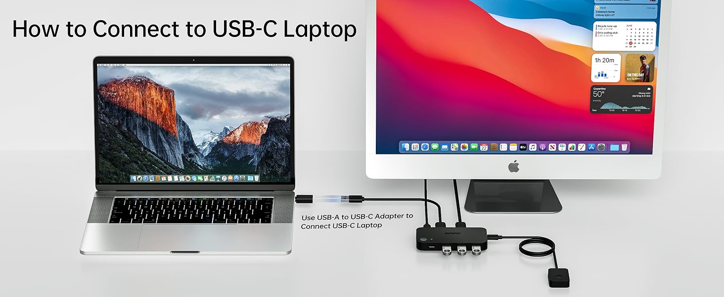 Diagram showing USB-C laptop connection setup with external monitor and multi-port adapter. Illustrates 'How to Connect to USB-C Laptop'.