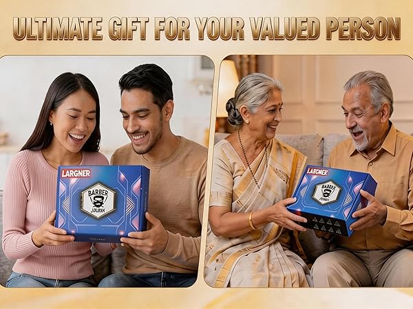 Text reads "ULTIMATE GIFT FOR YOUR VALUED PERSON". Image shows two couples of different ages holding blue boxed products, positioned on warm beige background.