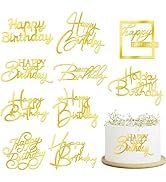 10 PCS Gold Happy Birthday Cake Topper Mirror Acrylic Cake Toppers Double-Sided Glitter Birthday ...