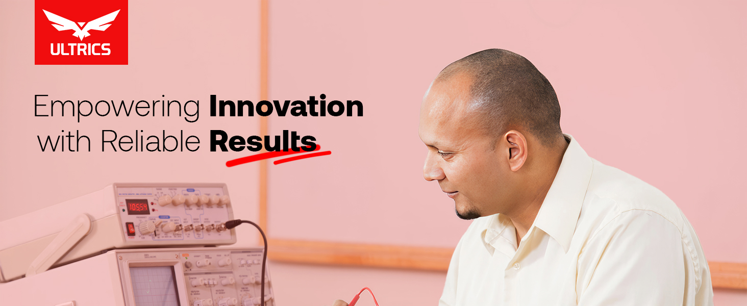 Text reads: 'Empowering Innovation with Reliable Results'. Medical or laboratory setting showing equipment on pink background.