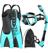 Aegend Snorkeling Gear for Adults Men Women: Anti-Fog Panoramic Mask Set, Adjustable Fins & Dry T...