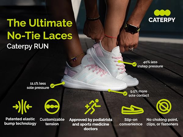 Experience all-day comfort with Caterpy RUN no-tie shoelaces for adults and kids.