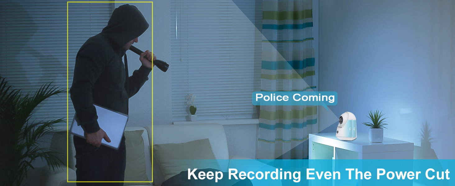 Security camera promotional image showing silhouette of intruder and message about continued recording during power outages.