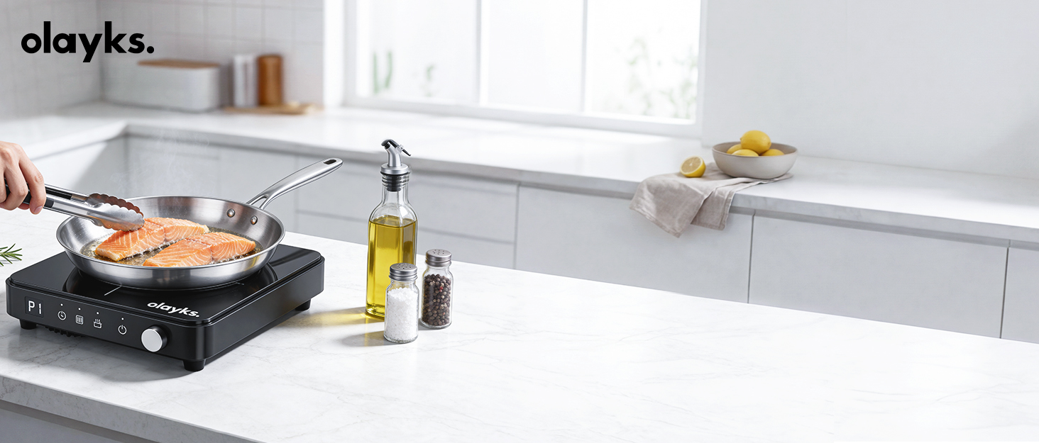 olayks induction cooktop with pan and pot