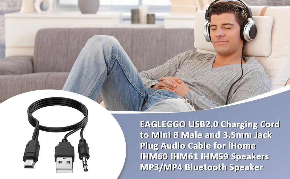 USB2.0 Charging Cord to Mini B Male and 3.5mm Jack Plug Audio Cable for iHome IHM60 IHM61 IHM59