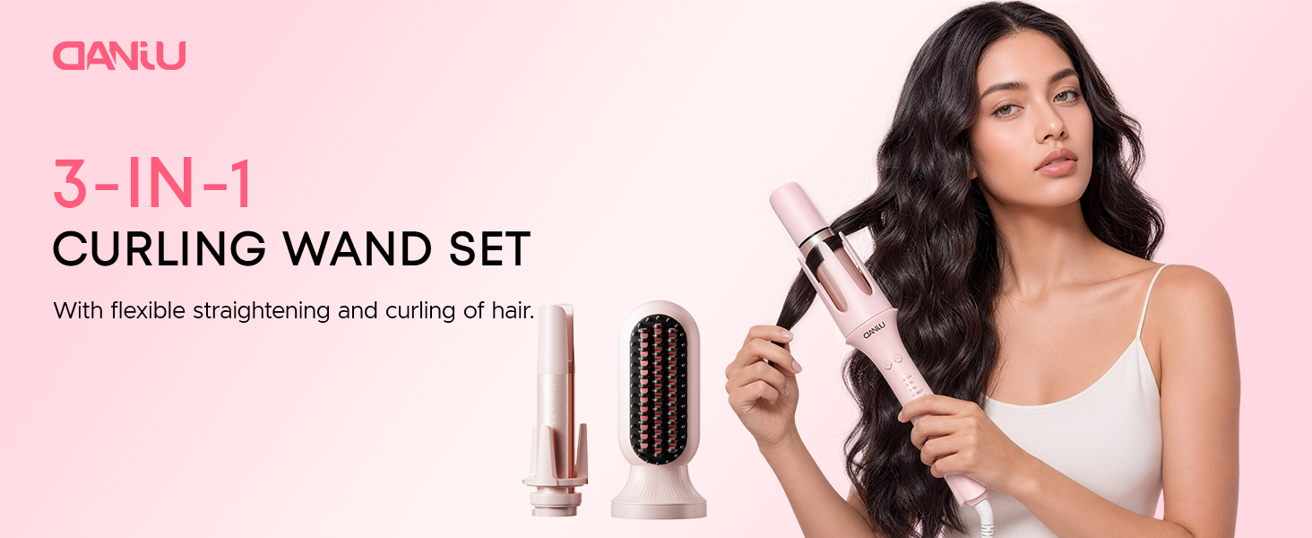 A female model is using an automatic curling iron.
