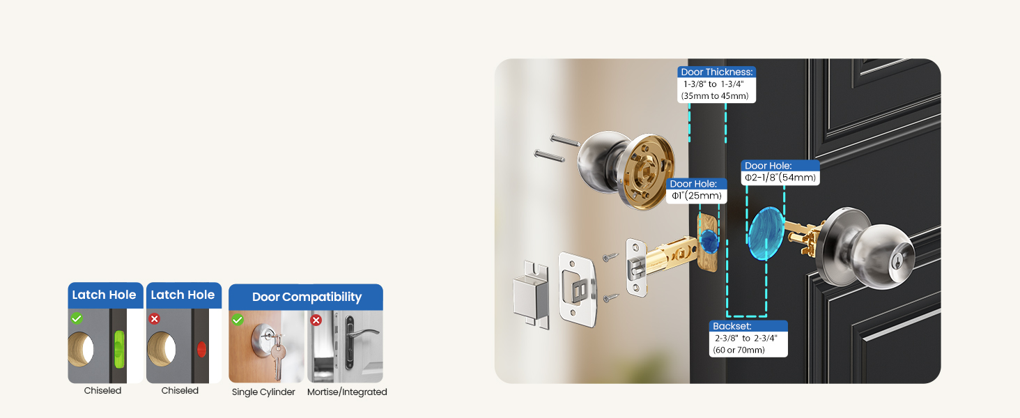 Universal fit door knob installation adjustable latch 2 3 8 inch 2 3 4 inch standard door
