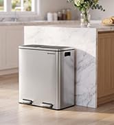 SONGMICS Trash Can, 2 x 8 Gallon (2 x 30 L), Silver and Black | With 15 Trash Bags, 2 Compartment...