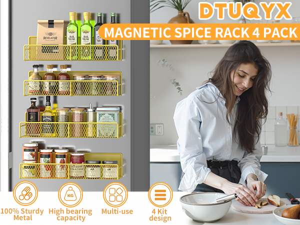 Magnetic Spice Rack for Refrigerator, 4 Pack 100% Metal Strong Magnet Shelf Black,Spice Organizer