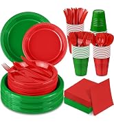Aodaer 400 Pieces Christmas Party Supplies Red Green Plastic Dinnerware Include Plates Cups Knive...