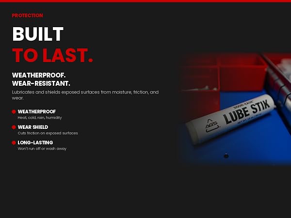 Door-Ease Lube Stik on toolbox showing weatherproof durability