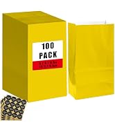 Bakepacker 100 Pcs Bright YellowTreat Paper Bags with 100 Stickers 5.1"x3.1"x9.4" Small Party Gif...