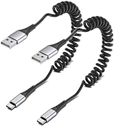 Coiled USB C Cable, 2 Pack USB to USB C Coiled Cable for Car Short USB C Retractable Cable for iP...