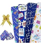BEISHIDA Blue Birthday Wrapping Paper Sheet - 8 Sheets Folded Flat with 8 Gift Bows Cap Box“Happy...