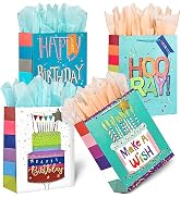 WLUSEAXI 4Pack Birthday Gift Bag with Tissue Paper and Handle,Large Birthday Gift Bags for Kids w...