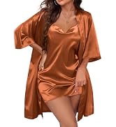 Ekouaer Women's Satin Robe Set Nightgown with Robes Silk Pajama Set 2 Pieces Lingerie Cowl Neck C...