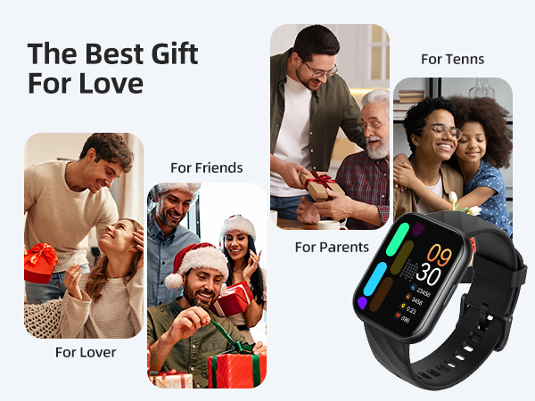 Smartwatch advertisement showing device features and various gift scenarios for different relationships, labeled 'The Best Gift For Love'.