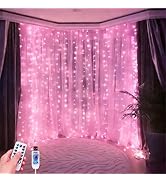 HOLITS 300 LED Fairy Curtain Lights, 9.8 x 9.8FT Pink USB Plug in 8 Modes Hanging Lights with Rem...