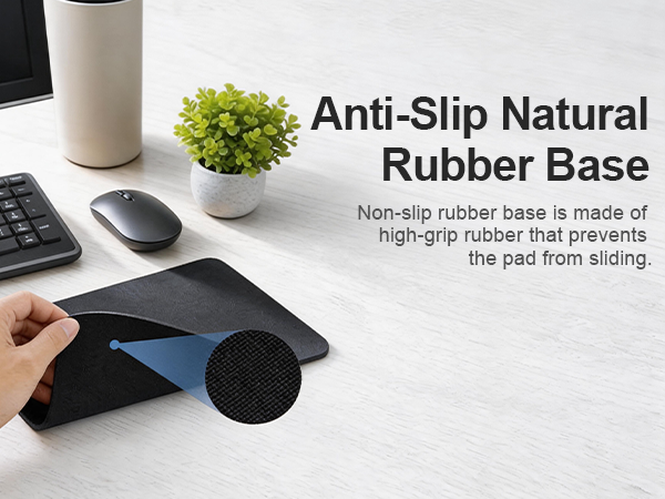 Text reads 'Anti-Slip Natural Rubber Base' and 'Non-slip surface with high-grip rubber that prevents the pad from slipping.' Desk setup with laptop, computer mouse, and black mouse pad with light base.