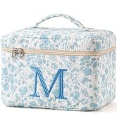 HBselect Initial Makeup Bag, Quilted Makeup Bag, Cotton Large Travel Makeup Bag, Cute Floral Coqu...