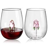 Pumtus Set of 2 Stemless Wine Glassware with Rose Inside, 20 OZ Large Stemless Floral Wine Glasse...