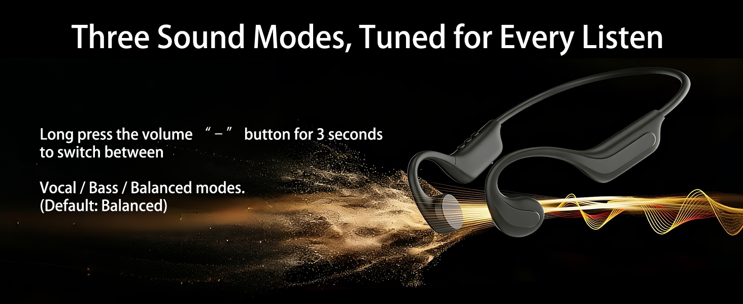 Open Ear Bone Conduction Headphones with 3 Sound Modes Vocal Bass Balanced for Music Calls