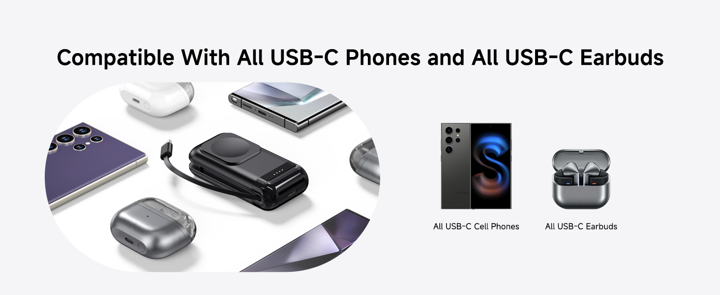 Product compatibility diagram showing various USB-C devices including phones, earbuds, and other electronic accessories that work with the device.