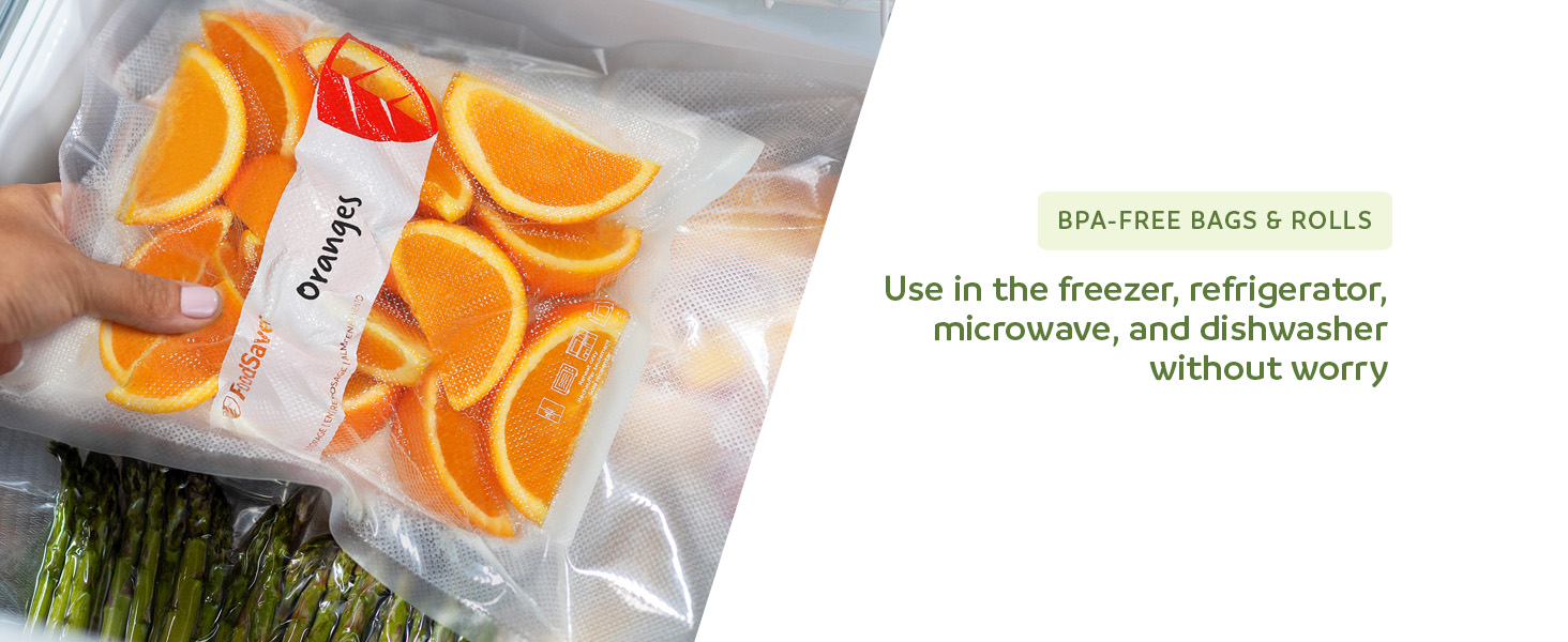 Hand holding a bag of orange slices with BPA-free text