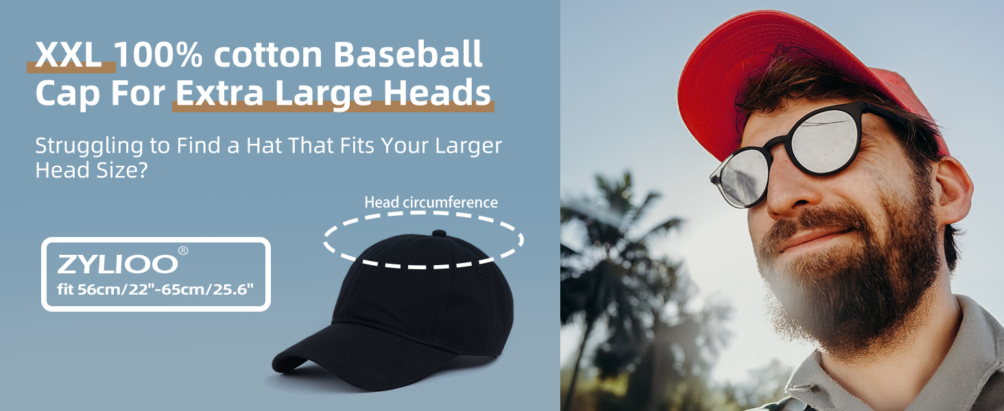 XXL cotton baseball cap for large heads. Black cap shown with size information. Man wearing red cap demonstrating fit for those with larger head sizes.