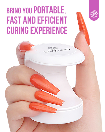 Compact white UV nail curing lamp held in hand with orange manicure. Device features a circular design with LED light visible. Text promotes portability and efficiency.