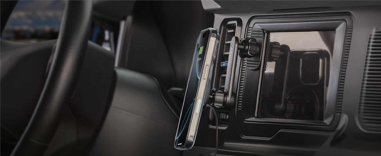 Dash phone holder for car with a swing arm magnetic car mount moves clear of screens and controls