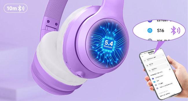 Purple wireless headphones with illuminated blue circuit design on earcup. Smartphone displays connection interface. Icons indicate 10-meter range and Bluetooth 5.0 compatibility.