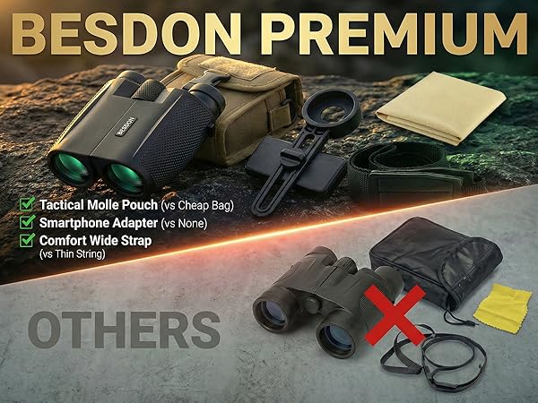 Comparison BESDON premium binoculars tactical molle pouch vs generic cheap brands with velvet bag