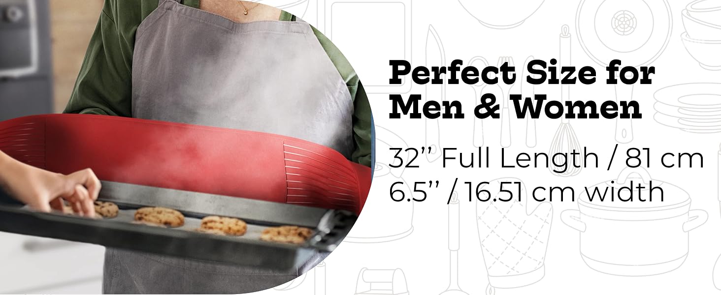 Double sided oven mitt is 32 inches long and and its width is 6.75