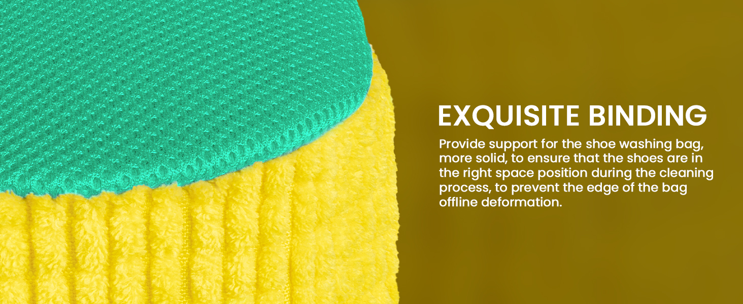 Text reads 'EXQUISITE BINDING' visible on yellow and green background material or fabric texture.